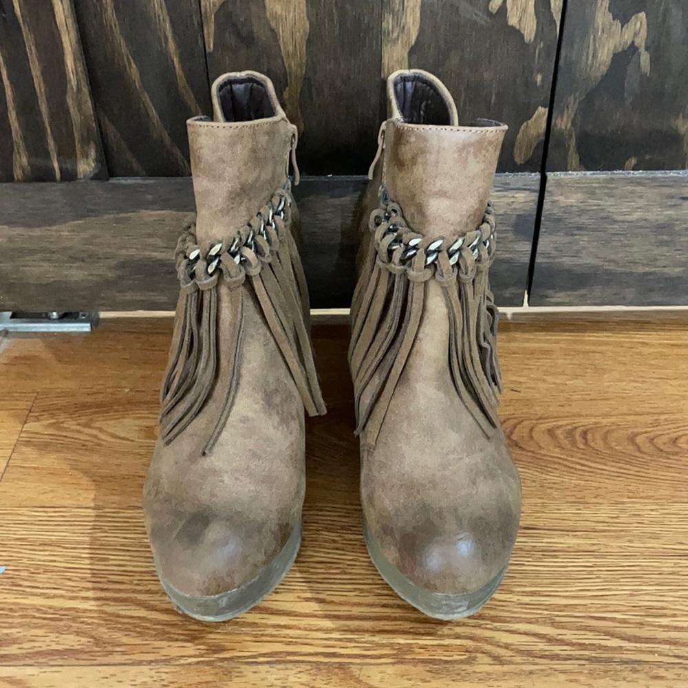 Sbicca Fringe Ankle Wedge Booties